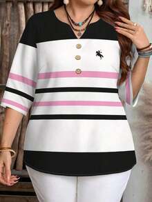 Camisa casual de manga corta a rayas en blanco y negro con botones delanteros, estilo preppy, para mujer de talla grande.Camisa de verano para mujer, estilo de vacaciones campestres, estilo bohemio para mujer. - Multicolor 2 - Ver 5