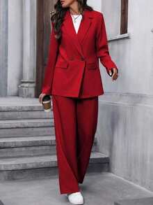Conjunto de traje informal de mujer con solapa, manga larga y holgado - Rojo - Ver 6