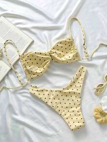 Elavelle Conjunto de bikini para mujer con estampado de lunares aleatorio, tirantes finos y corte alto sexy para el verano y la playa - Multicolor 2 - Ver 2