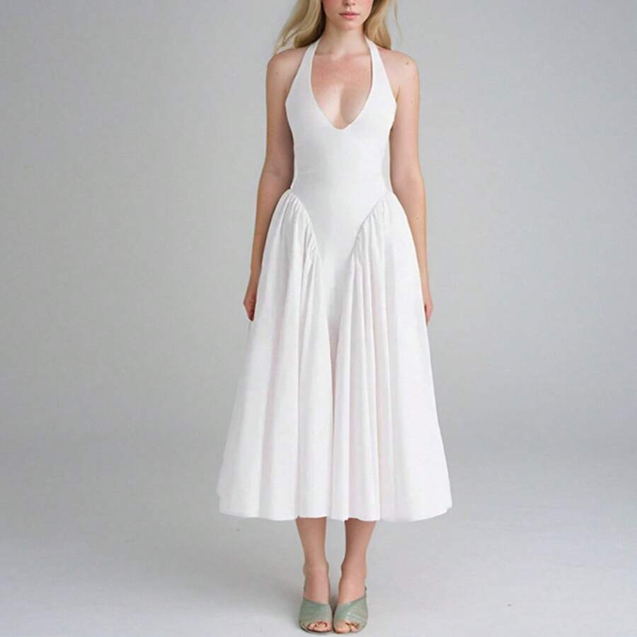 Elegant Women's Party Dress, New Spring Collection, V-Neck With Halter Straps, Sensual Style - 白色 - 查看 1