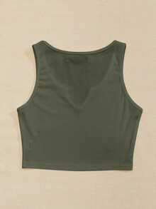 Top corto de punto acanalado de unicolor minimalista para uso casual y de oficina para mujer - Verde militar - Ver 2