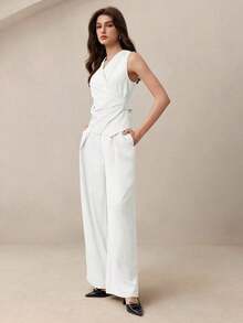 Nuevo conjunto de chaleco plisado en la cintura y pantalones de pierna ancha para mujer, primavera/verano.Elegante atuendo urbano para ir al trabajo. - Blanco - Ver 2
