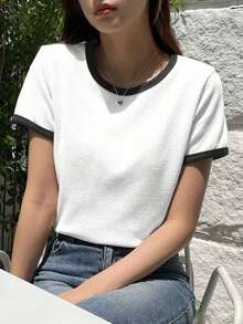 Camiseta básica de mujer de manga corta y cuello redondo, color liso, top de verano - Blanco - Ver 2