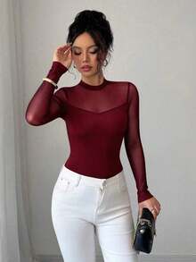 Blusa de manga larga elegante de unicolor con empalme transparente y ajuste elástico para mujer, otoño/invierno - Burdeos - Ver 3