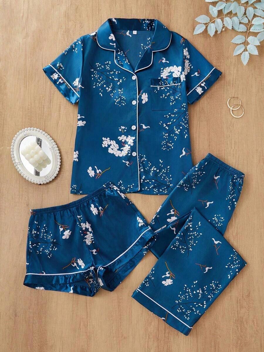 Conjunto de pijama de 3 piezas para mujer con cuello de seda falsa de unicolor y ribete contrastante - Agua verde azul - Ver 1