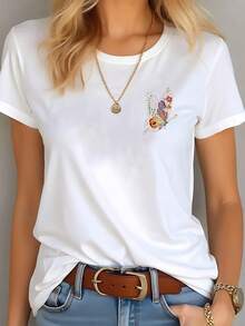 Camisetas de Manga Corta para Mujer - Blusa Casual de Verano con Estampado de Mariposa (XS-XXL) | Ropa Cómoda para Exteriores | Top de Manga Corta con Puños | Camiseta Versátil para Mujer | Lavado a Mano, No Tejido - Blanco - Ver 6