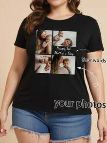 Personalized T-Shirt For Women - Add Your Own Text And Image, Plus Size Women's Casual Spring/Summer Clothing, Exclusive Personalized T-Shirt For Mother's Day, Upload A Family Photo + Personalize The Text/Blessing/Name, Commemorative Mother's Edition, Plus Size Printed Short Sleeve T-Shirt, Exclusive Personalized T-Shirt For Mom, Surprise Gift, Birthday Gift, Gift For Mom, Wedding Gift, Mother's Day Gift, Gift For Best Friend, Gift For Her, Blouse For - 黑色 - 查看 1