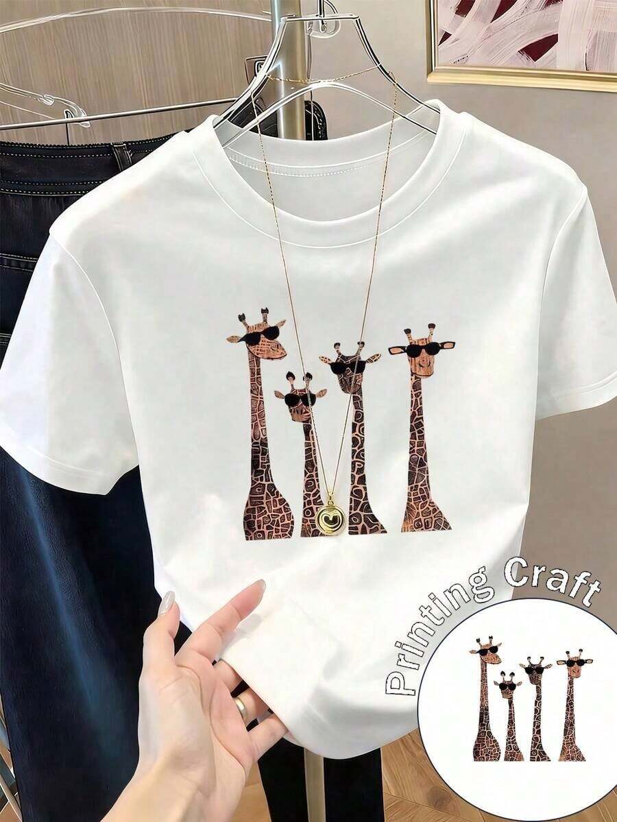 Camiseta de manga corta con cuello redondo y estampado para mujer. Perfecto para citas, desplazamientos diarios y salidas informales. Diseño clásico minimalista de cuello redondo, fácil de combinar y adecuado para todas las formas de cuerpo. - Blanco - Ver 1