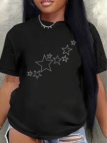 Camiseta de Manga Corta con Diseño de Estrella Brillante |   Ligero, duradero, de ajuste cómodo, adecuado para el hogar, restaurantes o uso casual al aire libre, cuello redondo, tela de elasticidad media.women's shirts - Negro - Ver 7