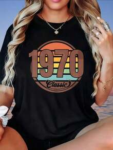 Camiseta Gráfica 1970 Clásica Vintage Retro para Mujer, Verano, Casual, Corte Holgado, Blanca, Estilo Años 70, Ropa de Moda, Camiseta para Mujer - Negro - Ver 1