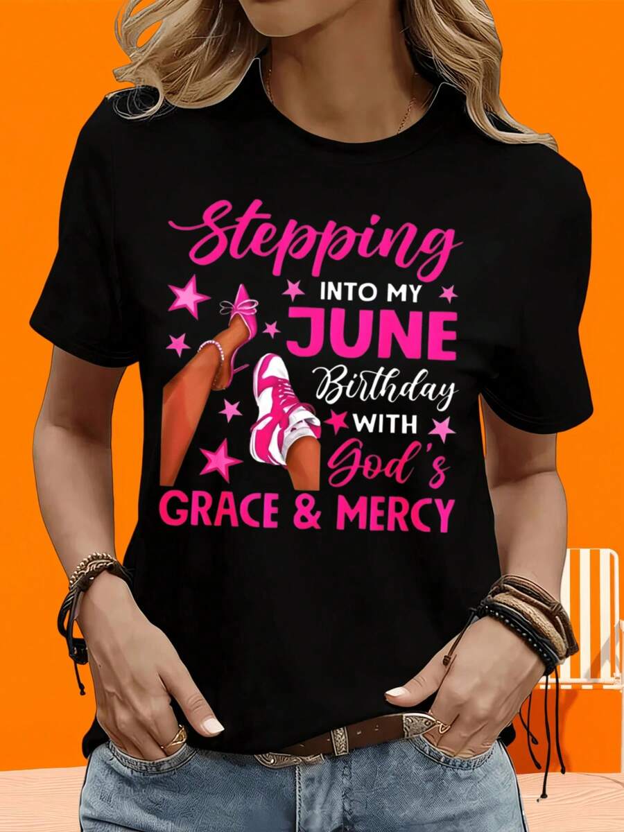 Camiseta de manga corta GraphicLadies para ocio, actividades al aire libre y hogar, 220g. Camiseta de mujer "Dando paso a junio con la gracia y misericordia de Dios". Camiseta de regalo para ocio, actividades al aire libre y fiestas. - Negro - Ver 1