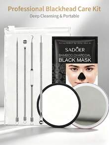 Blackhead Remover Tool Kit With 5x Magnifying Mirror, Stainless Steel Pimple Popper Tool, With Activated Charcoal Nose Strips, Professional Acne Extractor Set (Random Cartoon Mirror) - Silver - View 1