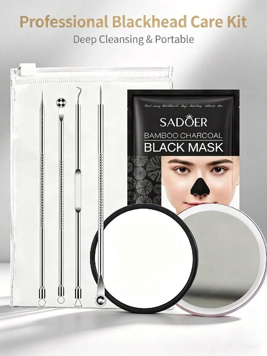 Blackhead Remover Tool Kit With 5x Magnifying Mirror, Stainless Steel Pimple Popper Tool, With Activated Charcoal Nose Strips, Professional Acne Extractor Set (Random Cartoon Mirror) - Silver - View 1
