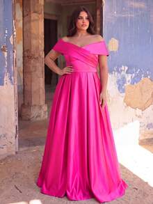 Plus Size Off Shoulder Ruffle Detail Satin Formal Dress - Hot Pink - View 1