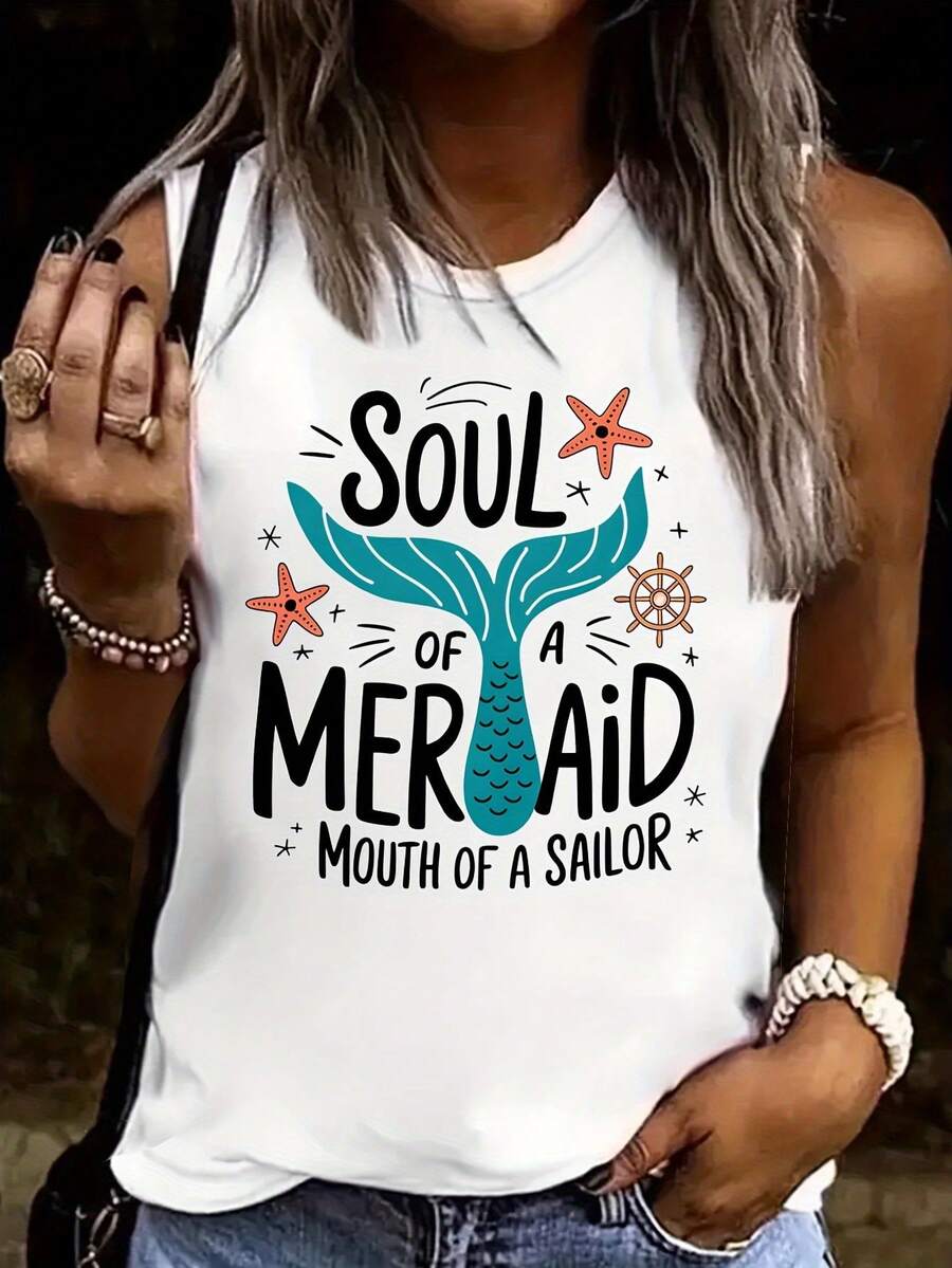 Top sin mangas para mujer| Diseño de cola de sirena blanca| Estilo de Verano| Diseño Frontal| Ideal para actividades al aire libre, ocio, fitness y uso diario.| Conjunto Casual de Playa Lavable a Máquina| Ropa Divertida| Gráfico Divertido| Material de elasticidad media, adecuado para primavera, verano y otoño - Blanco - Ver 1