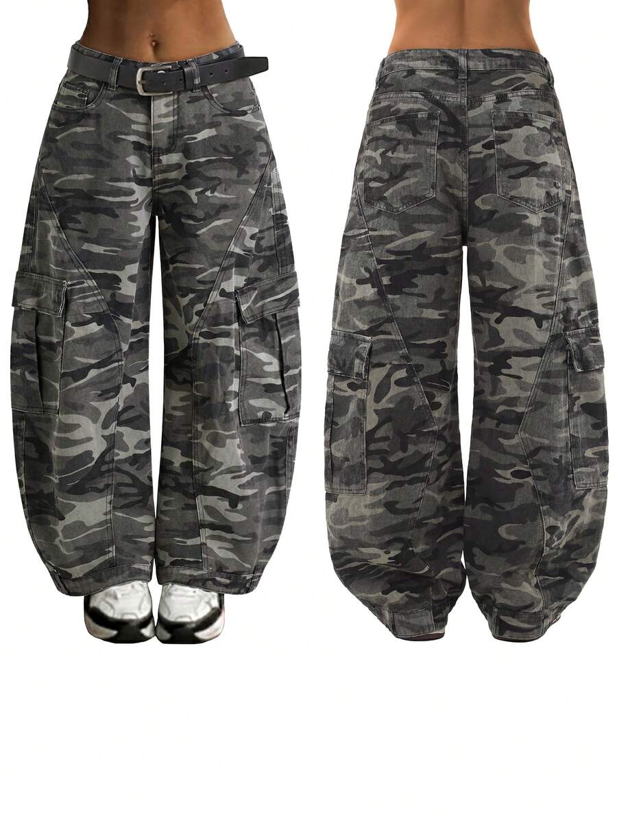 Women's Baggy Jeans Y2K Camo Print Oversized Wide-Leg Cargo Jeans High Waist Multi-Pocket Loose Casual Streetwear Denim Barrel Pants - xanh quân đội - Xem 1