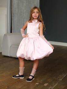 Young Girl Pink Tulle Petal Sleeve Floral Elegant Princess Dress, Suitable For Girls Birthday Party, Banquet, Evening Gala, Wedding Flower Girl, Holiday Celebration, Stage Performance Pageant - Pink - View 4
