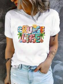 1 Women's Casual Short Sleeve Crew Neck T-Shirt With "CRUISE LIFE" Graffiti Print, Palm Trees, Shells And Cruise Ships, Machine Washable, Soft And Breathable Fabric, Pullover Style, Suitable For Casual And Outdoor Wear, 180g 100% Cotton. - 白色 - 查看 1