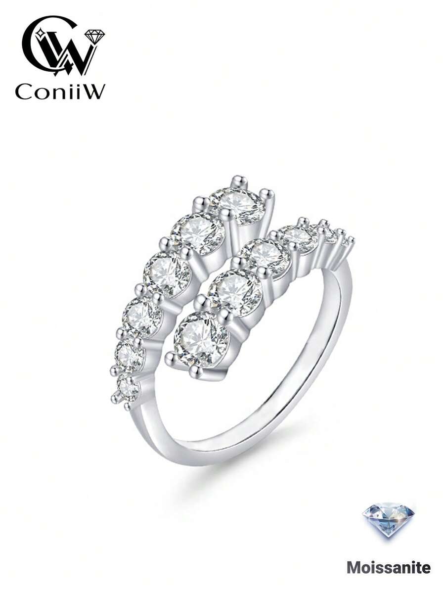 ConiiW 3.36克拉圓形莫桑石開口戒指，925純銀，中性款，適合日常佩戴、宴會與派對