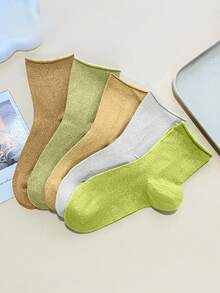 1/6/10 Pairs Random Women Socks, Solid Color Cuffed Design With Metallic Glitter, Sexy Mid-Calf Socks, Suitable For All Seasons - Multicolor - View 5