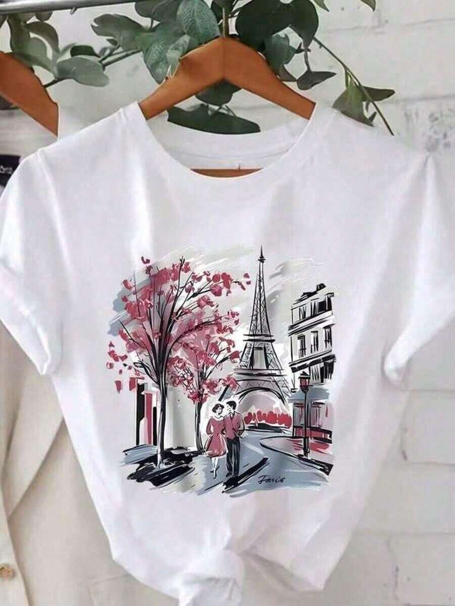 Women's Casual Short Sleeve T-Shirt With Paris Print, Summer And Spring Top, Paris Graphic Tees For Women, VTV0. Suitable As A Gift. Women's T-Shirt. Blouses > Elegant. Boho Chic. Soft, Breathable, And Comfortable Women's Top, Ideal For Spring, Summer, And Autumn, Perfect For Vacations, Travel, And Everyday Wear. - 白色 - 查看 1