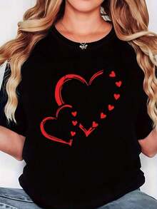 - - T-Shirt, Valentine's Day Love Heart Themed Fashion Pattern Letter Print, Women's Black Round Neck Short-Sleeve Printed T-Shirt - Lavable en máquina, adecuado para fiestas de vacaciones, compras informales, reuniones de amigos Adecuado como regalo. playera de mujer. blusas>elegantes. boho chic,Top de mujer suave, transpirable y cómodo, ideal para primavera, verano y otoño, perfecto para vacaciones, viajes y uso diario. - Negro - Ver 1