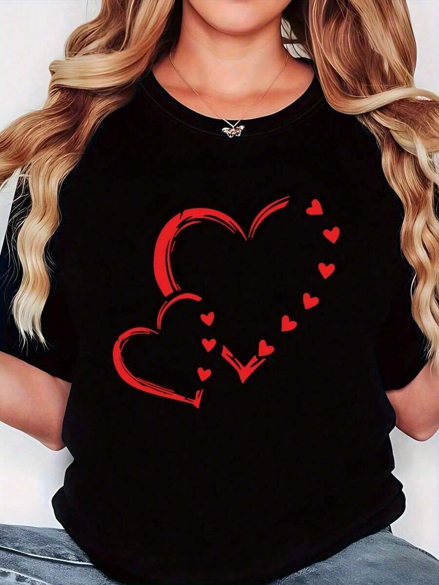 - - T-Shirt, Valentine's Day Love Heart Themed Fashion Pattern Letter Print, Women's Black Round Neck Short-Sleeve Printed T-Shirt - Lavable en máquina, adecuado para fiestas de vacaciones, compras informales, reuniones de amigos Adecuado como regalo. playera de mujer. blusas>elegantes. boho chic,Top de mujer suave, transpirable y cómodo, ideal para primavera, verano y otoño, perfecto para vacaciones, viajes y uso diario. - Negro - Ver 1