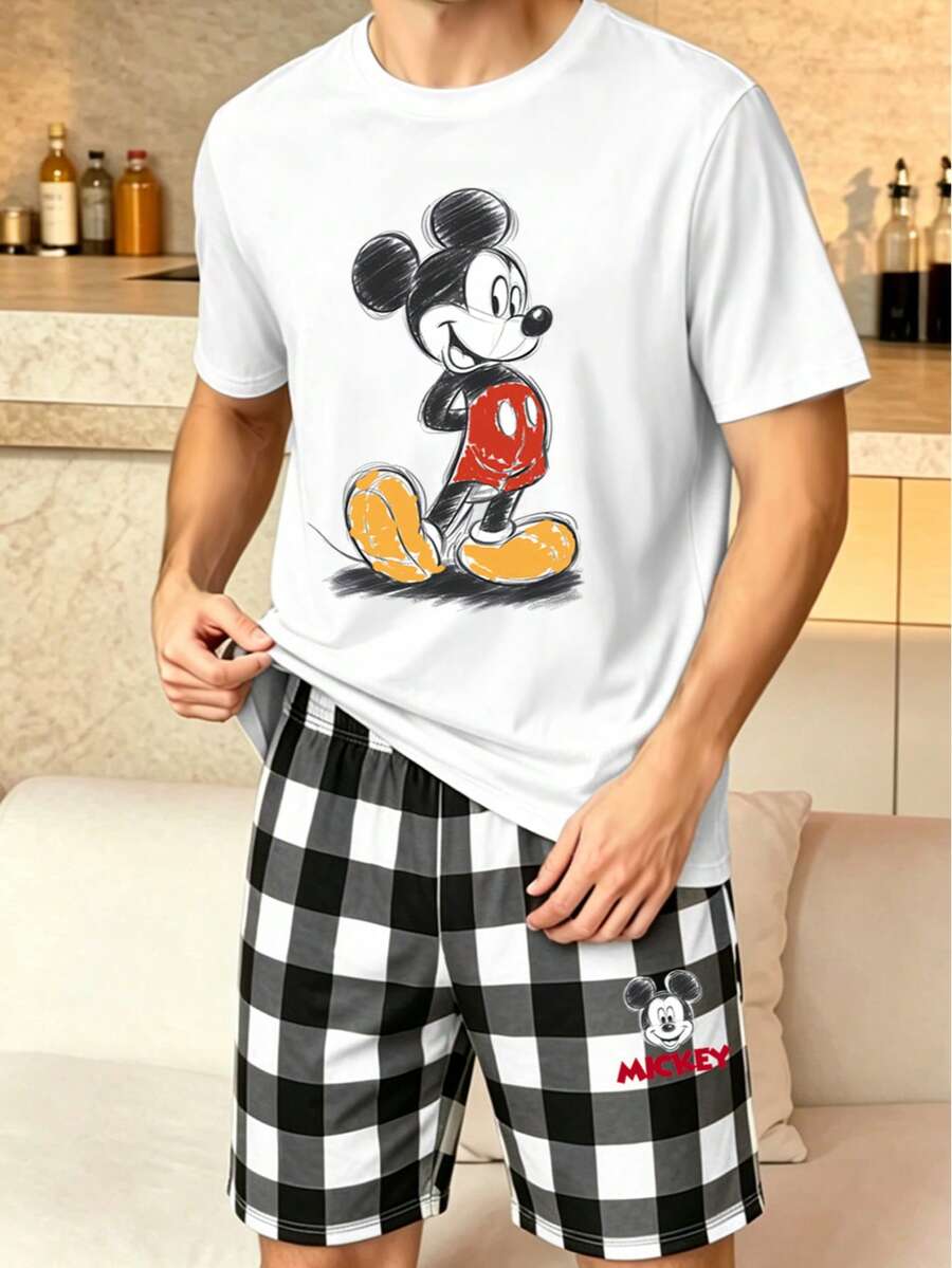 Disney 男士睡衣套装，黑白格子，可爱印花T恤套装，舒适夏季服装 - 彩色 - 查看 1