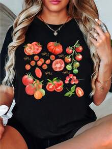 1 Tomato Print T-Shirt, Fruit T-Shirt, Garden Picnic T-Shirt, Tomato Lover T-Shirt, 180g 100% Cotton. - 白色 - 查看 8