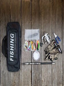 GOTURE 1set Fishing Rod, Reel, And Glove Set Including A Saltwater Long-Casting Lure Rod-Reel Combo, Retractable Spinning Rod, Quick-Drying Half-Finger Fishing Gloves With Three-Finger Open Design, And A Randomly Colored Lure Set In The Rod-Reel Combo. - Multicolor - View 10