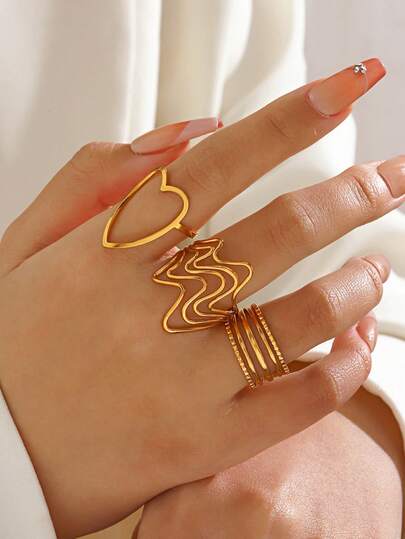 3pcs Set Stainless Steel 18K Gold Plated Minimalist Geometric Line Design Rings, Suitable For Women's Daily, Party, Holiday Gift