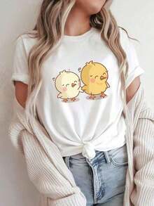 1 Piece Of Women's Short-Sleeved T-Shirt With Duck Print, Soft, Comfortable, Casual, With A Round Neck And An Adorable Yellow Chick Design, Perfect For Casual Outfits, Relaxed Fit T-Shirt, Charming Duck Design T-Shirt, Duck T-Shirt, 210g, 100% Cotton, All Designs Are Printed. Unisex. - 白色 - 查看 8