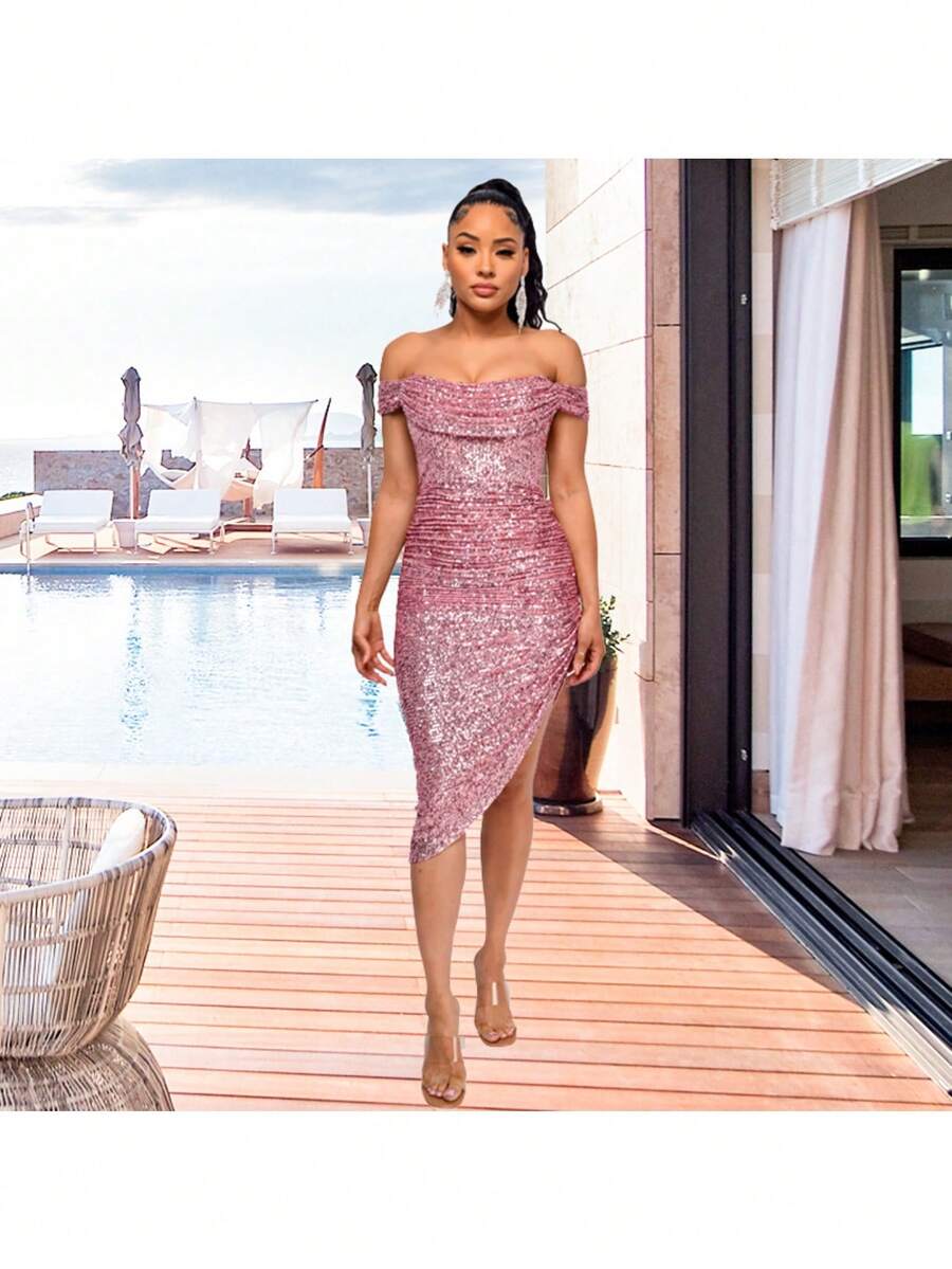 Women's Champagne-Colored Sequined Dress, Off-Shoulder Draped Design, Asymmetrical Side Slit, Stretchy Shiny Fabric Ideal For Summer Parties, Weddings As A Guest And Elegant Outdoor Dinners, Sexy Glamorous Style Perfect For Celebrations And Formal Events - 粉色 - 查看 1