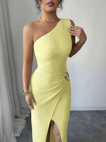 Nuevo vestido maxi de mujer de unicolor y sexy con hombro asimétrico, retorcido y fruncido, con cuello asimétrico, textura de punto y estilo ajustado, con diseño retorcido y con abertura, atuendo elegante para mujer, vestido para fiesta de primavera/verano, vacaciones, San Valentín - Amarillo - Ver 8