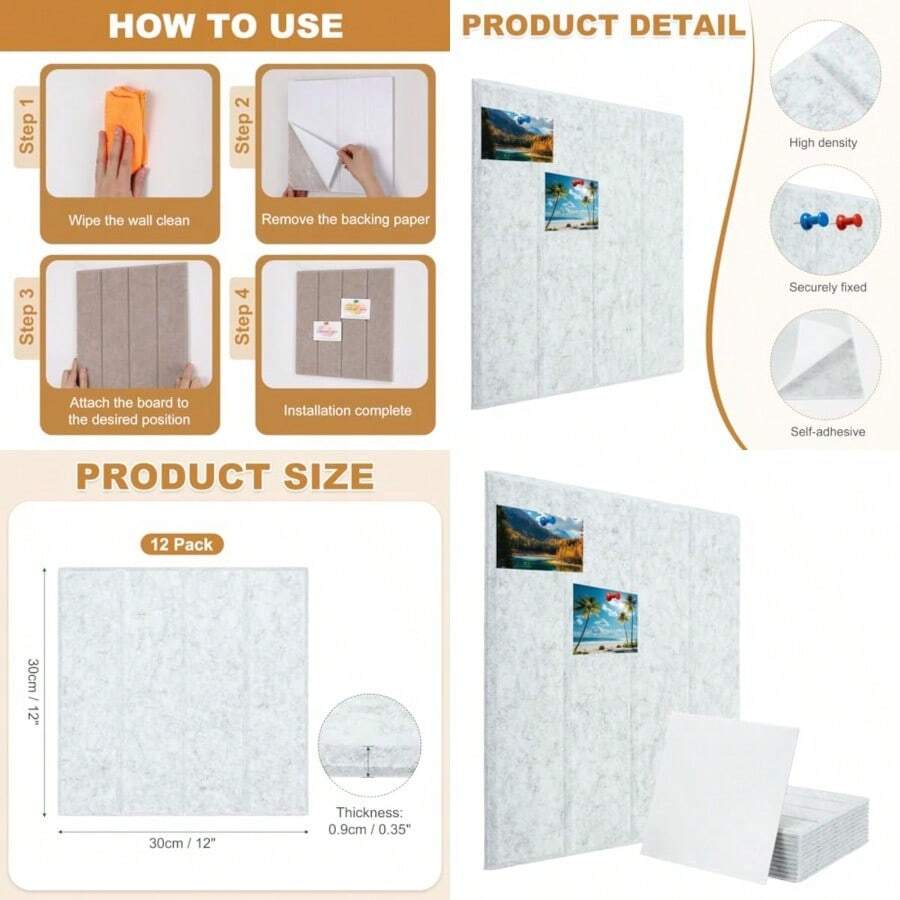 PATIKIL - Paquete de 12 azulejos de pared de fieltro 12 x 12 pulgadas paneles de tablero de anuncios autoadhesivos para decoración del hogar oficina fotos color - Gris - Ver 1