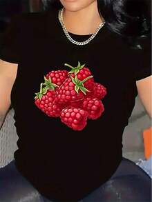 Women's T-Shirt With Black Berry Print, Bright Red Berries On Black Background, Durable, Short Sleeve, Round Neck, Lightweight And Comfortable, Suitable For Casual Dinners Or Home Wear, Casual Wear, Fresh Red Berry Print, Comfortable Fit - 黑色 - 查看 5
