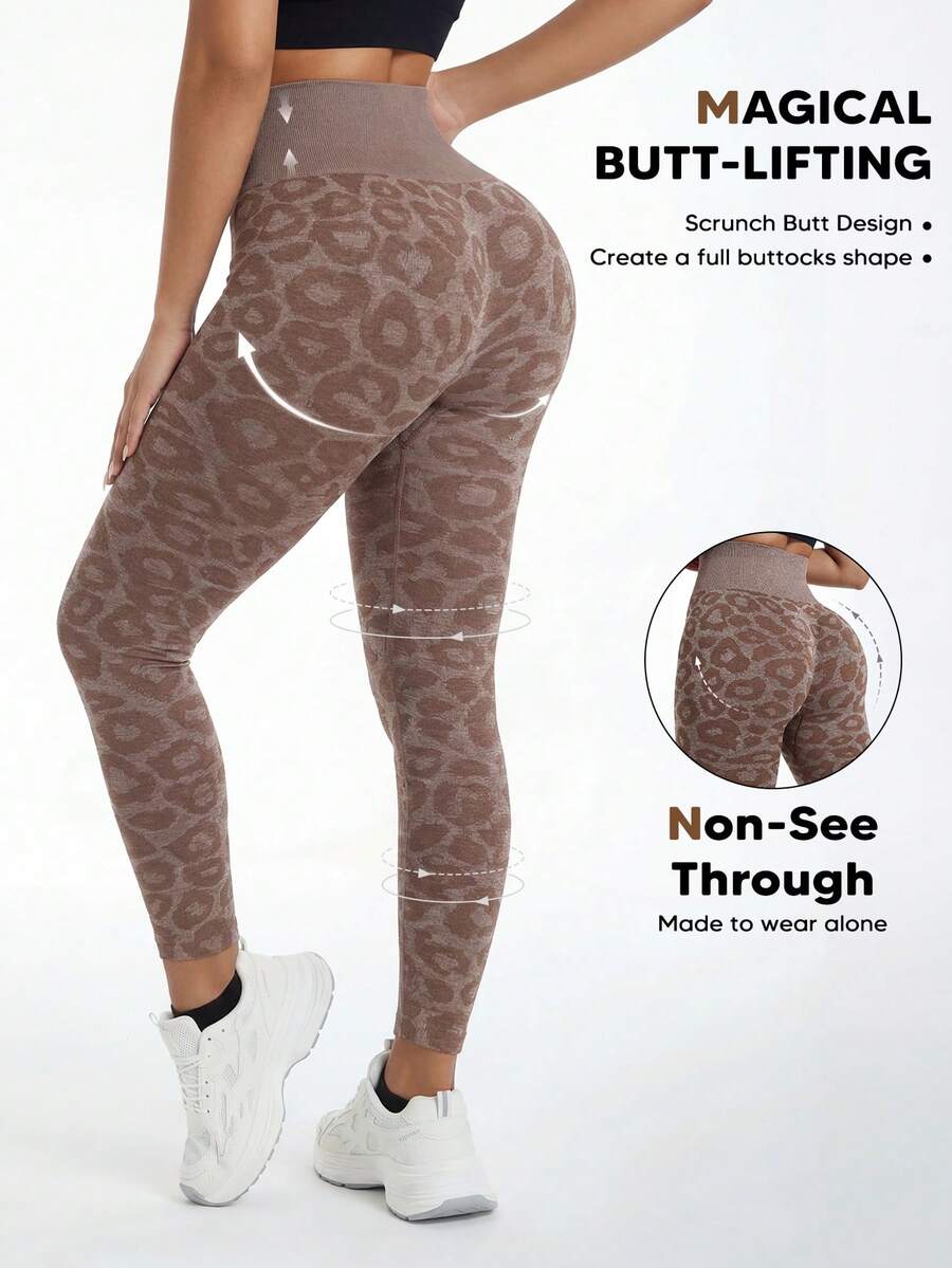 Women's Seamless Leopard Print Yoga Compression Leggings Vacation - Brown - View 1