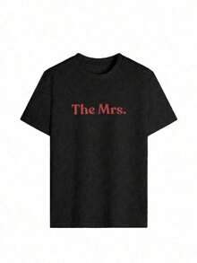 Women's Casual White Round Neck Short Sleeve T-Shirt With 'The Mrs.' Print, Regular Length Knit Top, Medium Elasticity - 黑色 - 查看 2