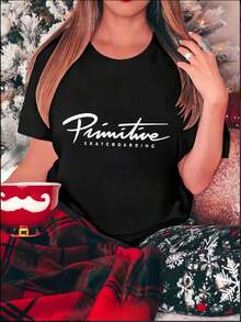 1 Piece Women's Primitive Skateboarding Graphic Tee | Casual Short Sleeve Crew Neck T-Shirt, Medium Stretch Fabric, Fashionable Top For All Seasons, Casual Daily Wear, 180g 100% Cotton - 黑色 - 查看 7