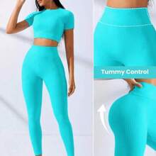 Sovereign Charm Seamless High Stretch Raglan Sleeve Sports Set Workout Women Set Women Workout Set Women Leggings Set Gym Women Outfit - verde menta - Ver 1