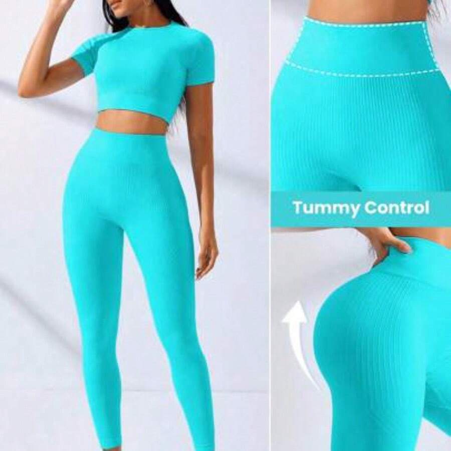 Sovereign Charm Seamless High Stretch Raglan Sleeve Sports Set Workout Women Set Women Workout Set Women Leggings Set Gym Women Outfit - verde menta - Ver 1