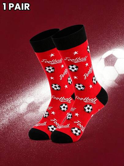 1 Pair Red Football Printed Mid-Calf Socks, Creative Sports Style Socks, Ideal Gift For Football Fans, Socks