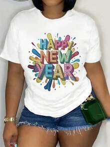 YOUNG, Women's Printed T-Shirt, Casual Short Sleeve Round Neck Top For Spring And Summer, Women's Clothing, Happy New Year 2026 Print - 1 - 1 Women's T-Shirts - 白色 - 查看 6