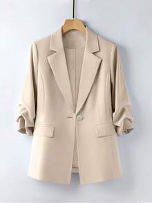 Conjunto de mujer primavera/verano ligero para ir al trabajo con blazer de diseño plisado, manga 3/4, holgado, de un solo pecho, un botón, con bolsillos reales y pantalones largos - Albaricoque - Ver 4