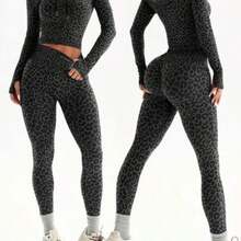 Dewbera 2pcs Women Seamless Leopard Print Hooded Zipper Thumb Hole Long Sleeve Sweatshirt And 7/8 Leggings Sports Suit For Running, Fitness, Yoga - Negro - Ver 1