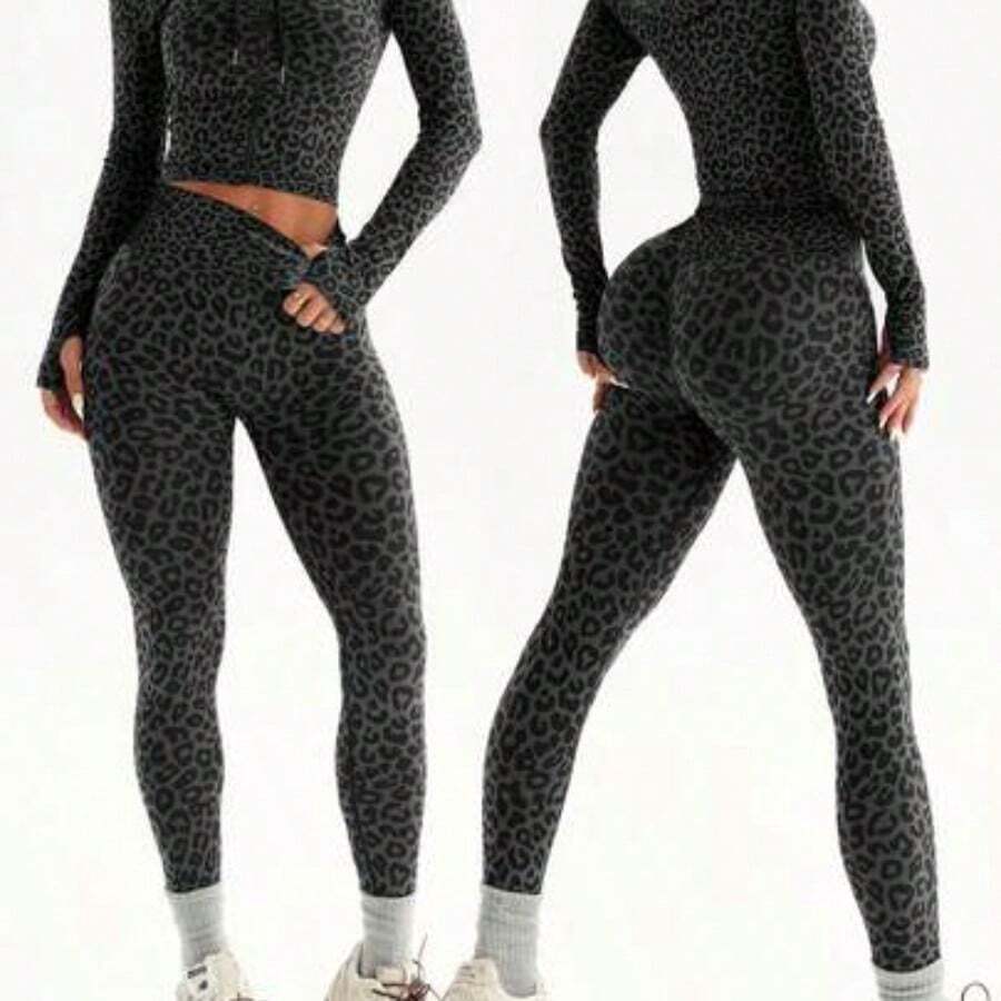 Dewbera 2pcs Women Seamless Leopard Print Hooded Zipper Thumb Hole Long Sleeve Sweatshirt And 7/8 Leggings Sports Suit For Running, Fitness, Yoga - Negro - Ver 1