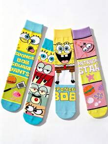 SpongeBob SquarePants 4雙女款襪子，多色方格圖案與船襪，滿版卡通印花，彈性襪口，聚酯纖維面料，透氣柔軟舒適，趣味街頭風，女襪，女絲襪，適合春季日常休閒與居家使用 - 彩色 - 查看 3