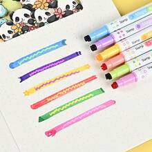 Set de 6 bolígrafos resaltadores y sellos de doble punta, un extremo con marcador fluorescente de colores, el otro extremo con sellos de triángulo, estrella, cara sonriente, luna, corazón y flor, 6 colores macaron frescos, gran capacidad de tinta, escritura suave sin sangrado, impresión de sello clara sin manchas, barril del bolígrafo impreso con patrones correspondientes, tapa de doble uso súper práctica, perfecto para estudiantes y entusiastas del diario - Múltiples estilos - Ver 2