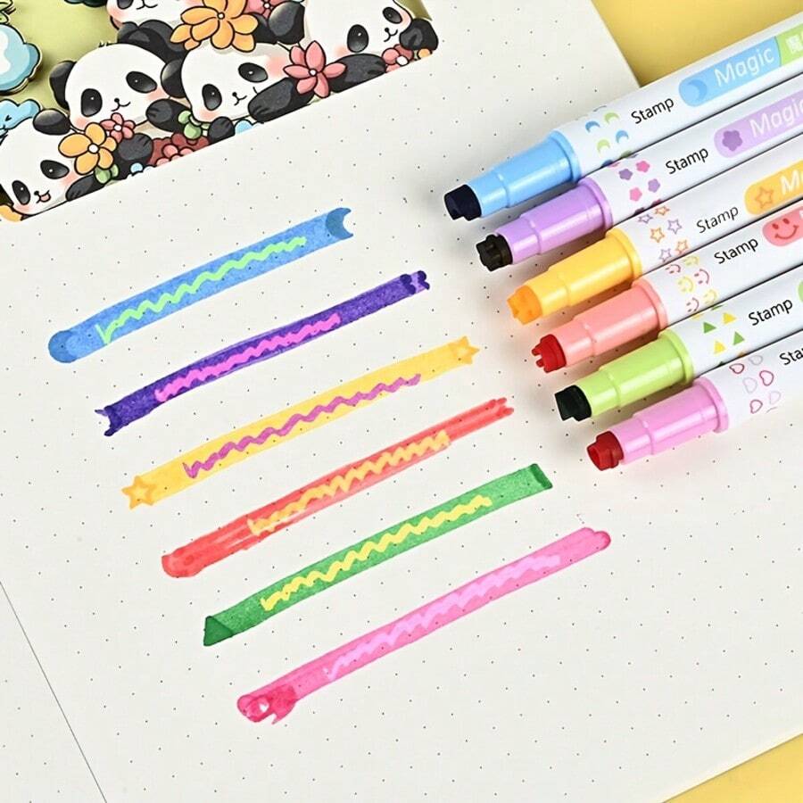 Set de 6 bolígrafos resaltadores y sellos de doble punta, un extremo con marcador fluorescente de colores, el otro extremo con sellos de triángulo, estrella, cara sonriente, luna, corazón y flor, 6 colores macaron frescos, gran capacidad de tinta, escritura suave sin sangrado, impresión de sello clara sin manchas, barril del bolígrafo impreso con patrones correspondientes, tapa de doble uso súper práctica, perfecto para estudiantes y entusiastas del diario
