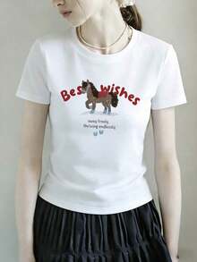 Women's T-Shirt With Cute Horse Print, Cool Casual Printed T-Shirt For Girls, Chic Basic Top For Everyday Wear - 白色的 - 查看 1